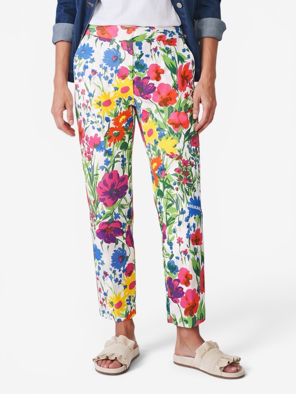 Talbots White Floral Ankle Pants Size 0P Straight Leg Vibrant Pink Blue Preppy